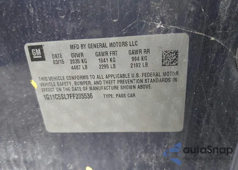 2015 Chevrolet Malibu 1Lt z USA, uszkodzony, nr VIN 1G11C5SL7FF285536